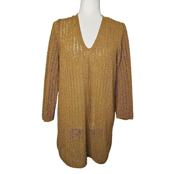 J. Jill Size Medium Gold V-Neck Open Knit Lightweight Tunic Sweater 3/4 Sleeve - Picture 1 of 13